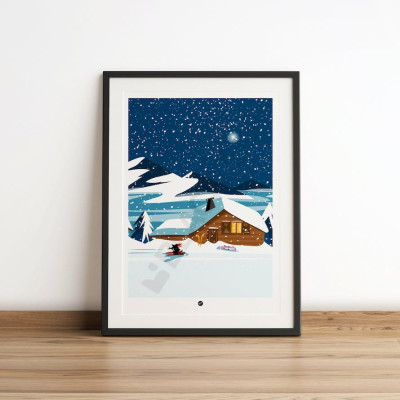 Affiche mural d’une station de ski dans la nuit, avec ciel étoilé et nuages, pour la décoration. Affiche mural d’une station de ski dans la nuit, avec ciel étoilé et nuages, pour la décoration.
