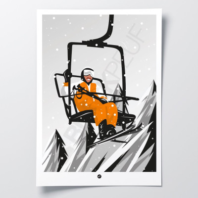 Affiche mural jc dusse michel blanc au ski sur un télésiège. Humour star connu, couleurs orange et noir pour décoration.