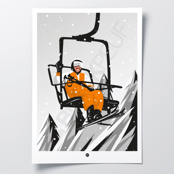 Wandposter von Michel Dussé beim Skifahren auf einem Sessellift. Bekannter Humorstar, orange-schwarze Farben als Dekoration.