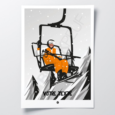 Wall poster of Michel Dussé skiing on a chairlift. Well-known humour star, orange and black colours for decoration. Wall poster of Michel Dussé skiing on a chairlift. Well-known humour star, orange and black colours for decoration.