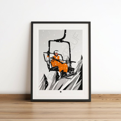 Wall poster of Michel Dussé skiing on a chairlift. Well-known humour star, orange and black colours for decoration. Wall poster of Michel Dussé skiing on a chairlift. Well-known humour star, orange and black colours for decoration.