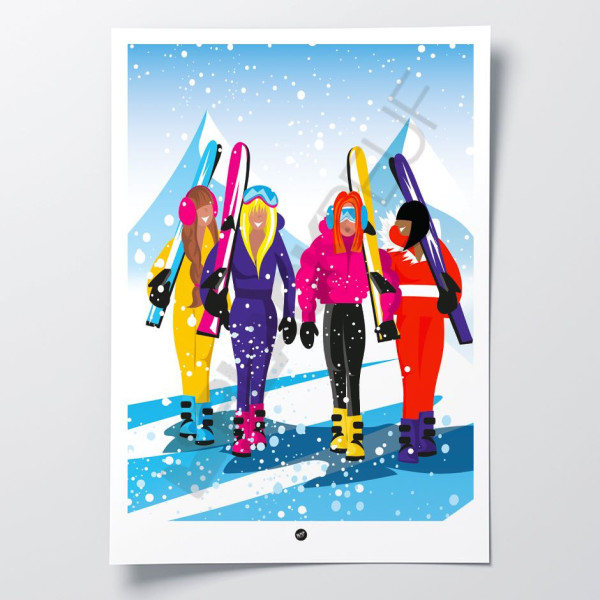 Brightly coloured poster of a girls' skiing trip, perfect for modern, designer décor.