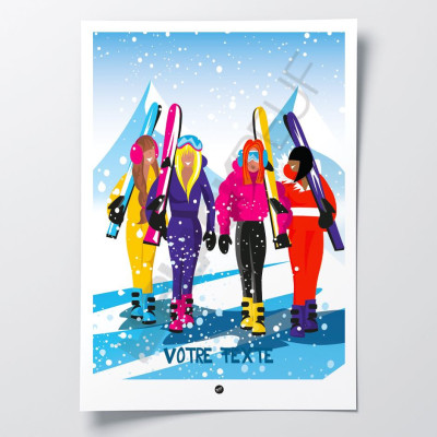 Poster eines Skiausflugs unter Freundinnen in leuchtenden, klaren Farben, perfekt für eine moderne Einrichtung im Designerstil. Poster eines Skiausflugs unter Freundinnen in leuchtenden, klaren Farben, perfekt für eine moderne Einrichtung im Designerstil.