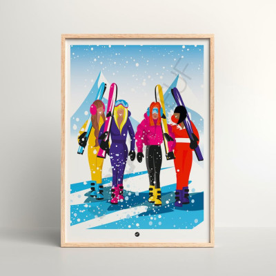 Poster eines Skiausflugs unter Freundinnen in leuchtenden, klaren Farben, perfekt für eine moderne Einrichtung im Designerstil. Poster eines Skiausflugs unter Freundinnen in leuchtenden, klaren Farben, perfekt für eine moderne Einrichtung im Designerstil.