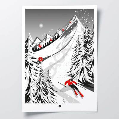 Schwarz-weißes Poster mit einer Skiabfahrt, perfekt für eine moderne und stilvolle Einrichtung.