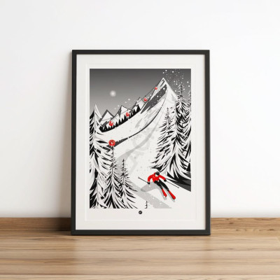 Black and white ski descent poster, perfect for modern, designer décor. Black and white ski descent poster, perfect for modern, designer décor.