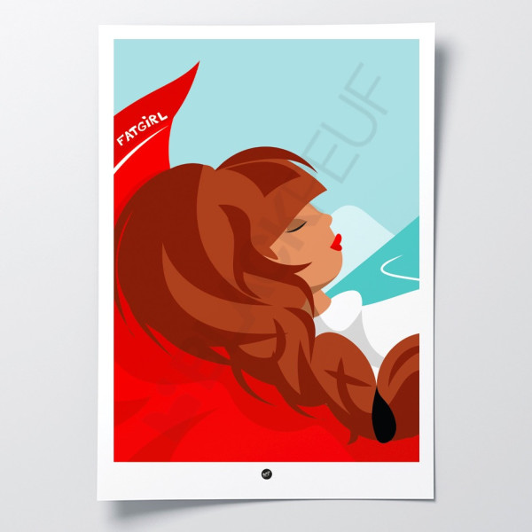 Affiche mural d’une femme allongée en montagne, au ski, aux couleurs vives et claires, pour la décoration.