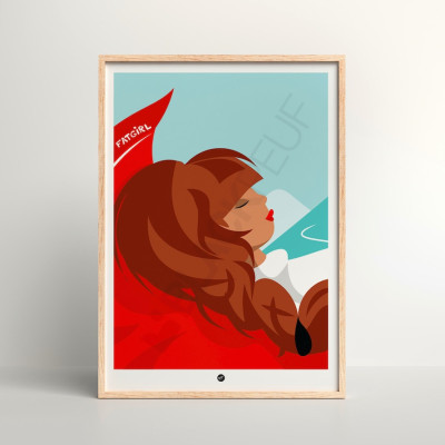 Poster da parete raffigurante una donna sdraiata in montagna, sugli sci, dai colori vivaci e chiari, per la decorazione. Poster da parete raffigurante una donna sdraiata in montagna, sugli sci, dai colori vivaci e chiari, per la decorazione.