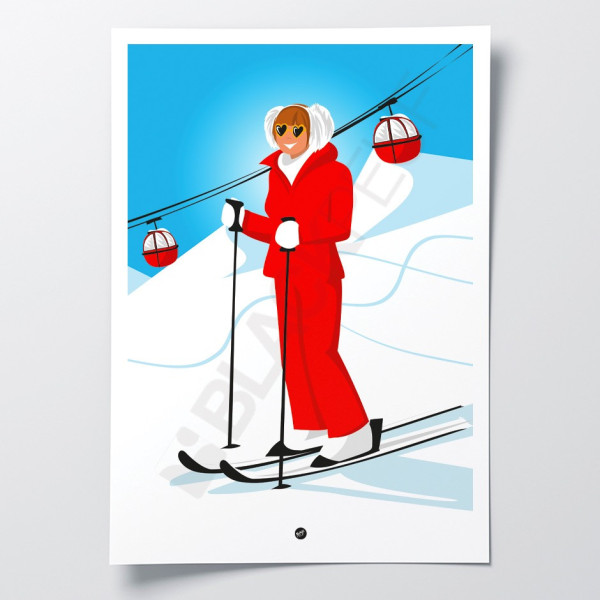 Wandposter Gigi, Marie-Anne Chazel beim Skifahren. Humorvoller Star, bekannt für rotes und blaues Skifahren.