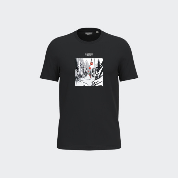 T-shirt Blackpeuf noir unisexe en coton bio – Illustration montagne avec télécabine rouge et forêt enneigée, imprimé en Savoie