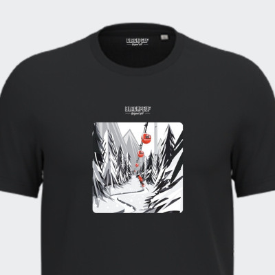 Blackpeuf black unisex T-shirt in organic cotton – Illustration of mountains with a red cable car and snow-covered forest Blackpeuf black unisex T-shirt in organic cotton – Illustration of mountains with a red cable car and snow-covered forest