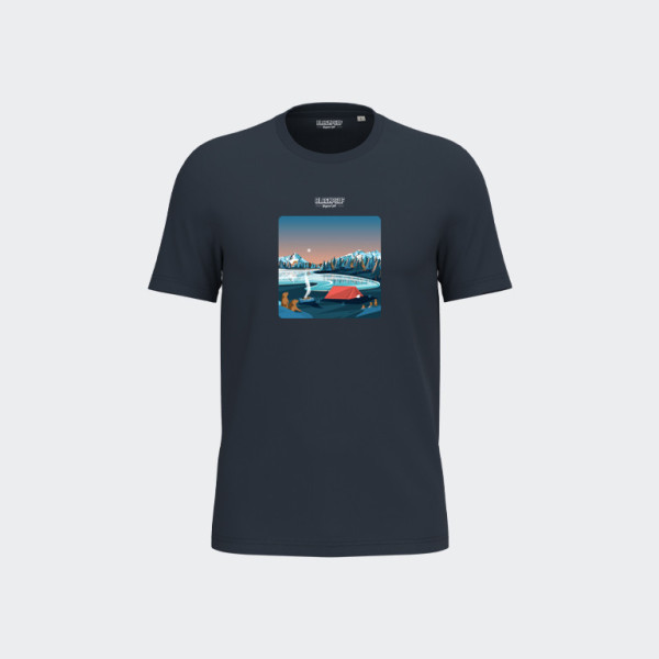 Blackpeuf navy blue unisex T-shirt in organic cotton – Illustration of a mountain marmot camp at night