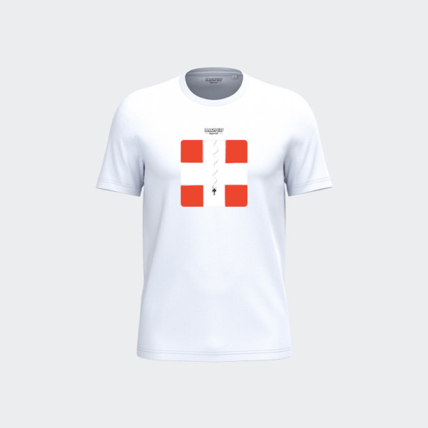 T-shirt Blackpeuf blanc unisexe en coton bio – Illustration montagne d'un drapeau de Savoie, imprimé en Savoie
