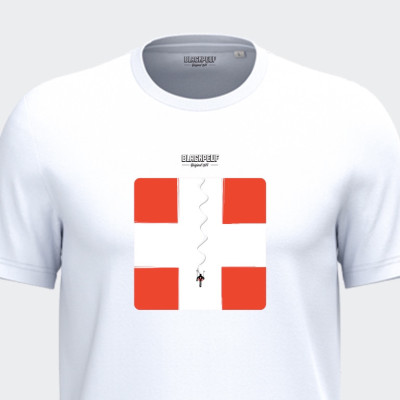 T-shirt Blackpeuf bianca unisex in cotone biologico – Illustrazione di una bandiera della Savoia su uno sfondo montuoso T-shirt Blackpeuf bianca unisex in cotone biologico – Illustrazione di una bandiera della Savoia su uno sfondo montuoso