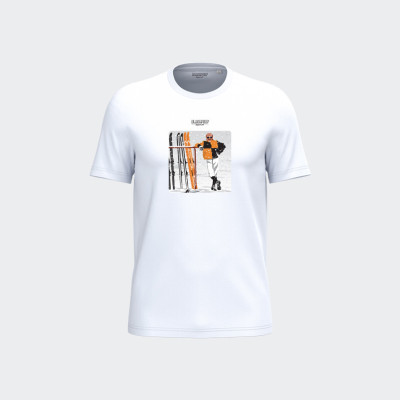 Maglietta Blackpeuf bianca unisex in cotone biologico – Illustrazione della montagna di JC Dusse in Les Bronzés font du ski