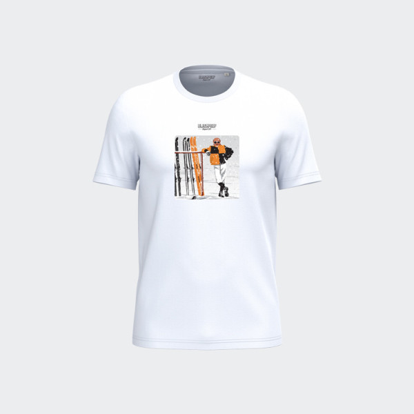 Weißes Unisex-T-Shirt „Blackpeuf” aus Bio-Baumwolle – Illustration „Montagne de JC Dusse” aus dem Film „Les Bronzés font du ski”