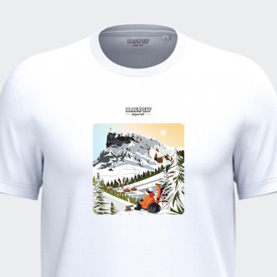 T-shirt Blackpeuf bianca unisex in cotone biologico – Illustrazione di una pausa caffè in mezzo alla neve T-shirt Blackpeuf bianca unisex in cotone biologico – Illustrazione di una pausa caffè in mezzo alla neve