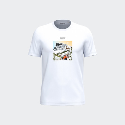 T-shirt Blackpeuf bianca unisex in cotone biologico – Illustrazione di una pausa caffè in mezzo alla neve T-shirt Blackpeuf bianca unisex in cotone biologico – Illustrazione di una pausa caffè in mezzo alla neve