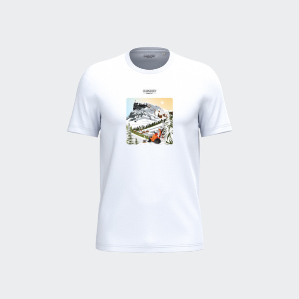 T-shirt Blackpeuf blanc unisexe en coton bio – Illustration montagne d'une pause café au milieu de la neige, imprimé en Savoie