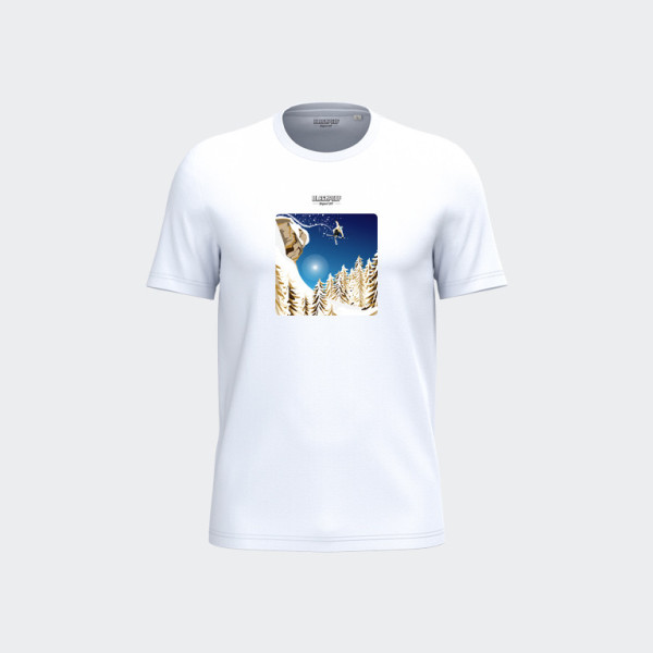 T-shirt Blackpeuf bianca unisex in cotone biologico – Illustrazione di una montagna con una barra rocciosa da sci in blu