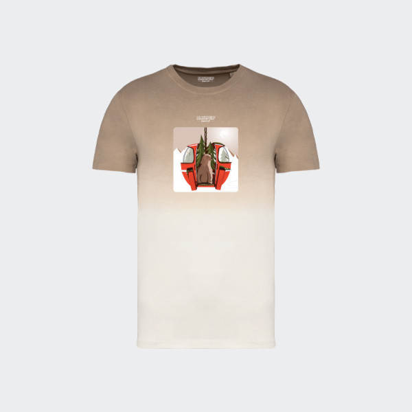 Blackpeuf unisex brown tie-dye T-shirt in organic cotton – Mountain illustration of a bear in a red cable car