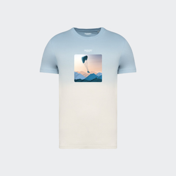 T-shirt Blackpeuf tie and dye blu unisex in cotone biologico – Illustrazione di un parapendio in volo sulle montagne