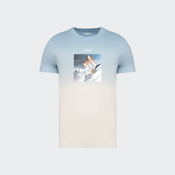 T-shirt Blackpeuf tie and dye bleu unisexe en coton bio – Illustration montagne d'alpinistes gravissant un sommet