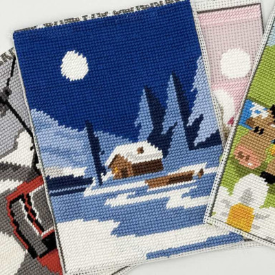 Blackpeuf mountain embroidery kit – colourful image of a chalet, skiers and snowy scenery. Blackpeuf mountain embroidery kit – colourful image of a chalet, skiers and snowy scenery.