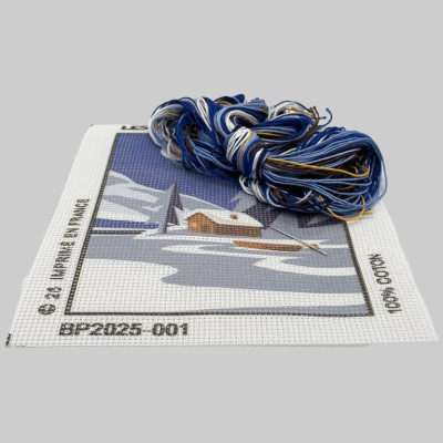 Blackpeuf mountain embroidery kit – lakeside chalet under the snow, blue-toned full moon night. Blackpeuf mountain embroidery kit – lakeside chalet under the snow, blue-toned full moon night.