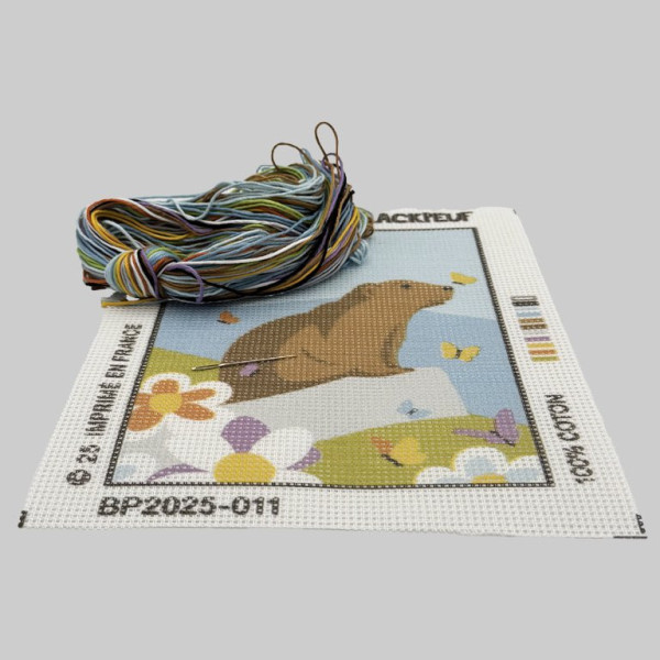 Blackpeuf mountain embroidery kit – encounter with a marmot in a field of flowers and butterflies in light colours