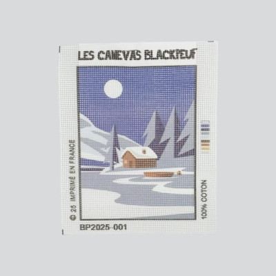 Blackpeuf mountain embroidery kit – lakeside chalet under the snow, blue-toned full moon night.
