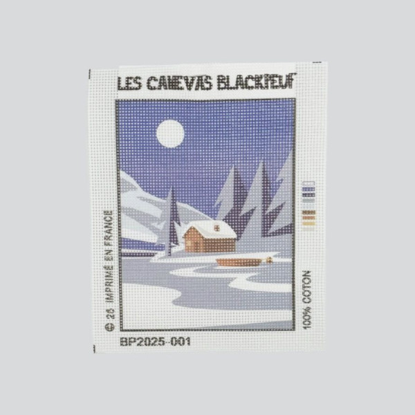 Blackpeuf mountain embroidery kit – lakeside chalet under the snow, blue-toned full moon night.