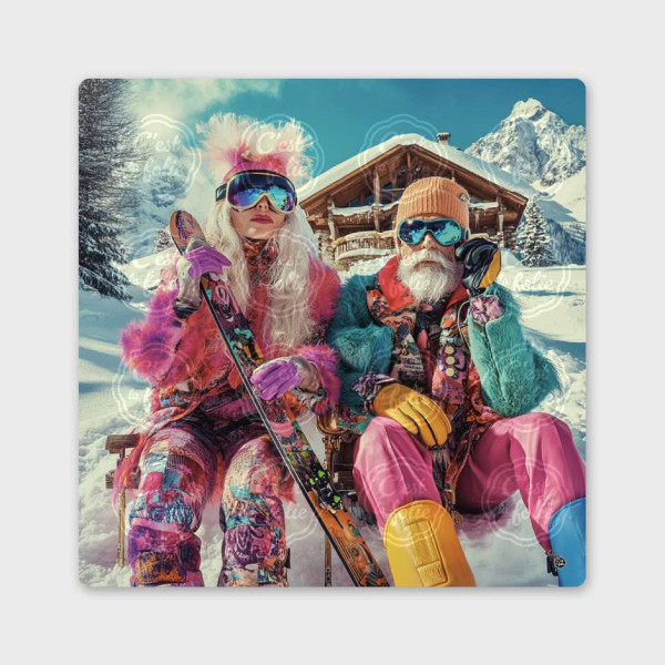 Quadro umoristico sulla montagna. Illustrazione colorata di una coppia vintage, decorazione murale stravagante e festa