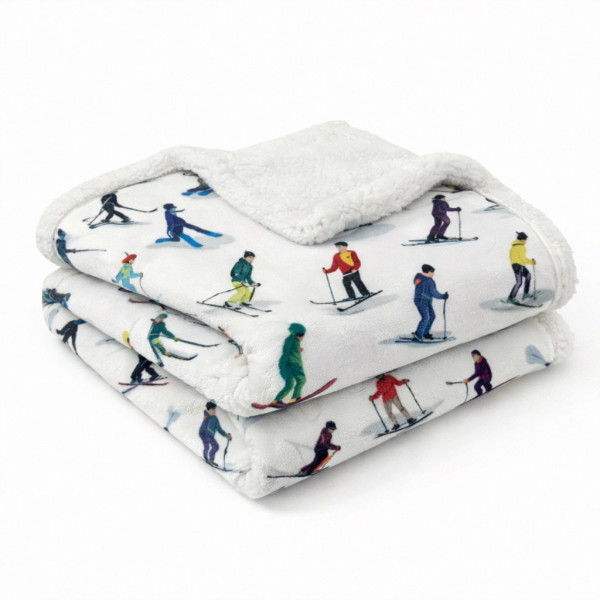 XL white throw blanket, soft and thick, featuring colorful skiers.