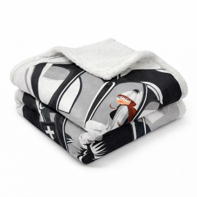 Folded XL white throw blanket, soft and thick, featuring a black cable car illustration with a female skier inside.