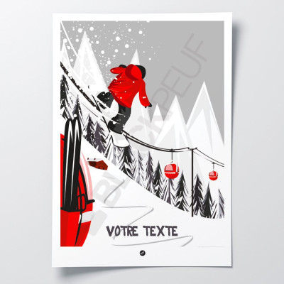 Affiche snowboarder devant un téléphérique dans les Alpes en Savoie. Illustration signée Blackpeuf