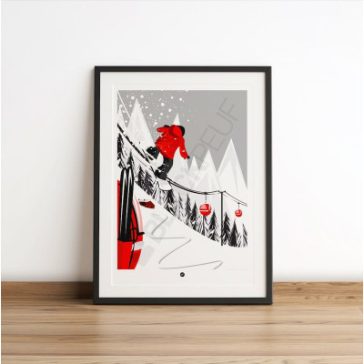 Affiche snowboarder devant un téléphérique dans les Alpes en Savoie. Illustration signée Blackpeuf