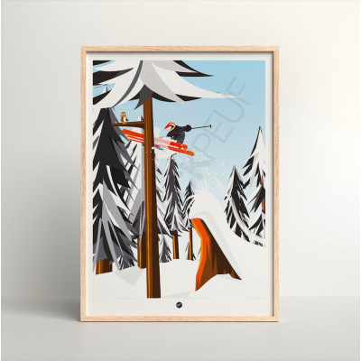 Affiche 30x40 ski freestyle avec skis orange dans la forêt. Illustration montagne vintage et dessin chouette par Blackpeuf