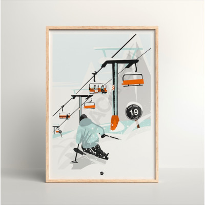 Affiche 30x40 ski sous telesiege. Illustration montagne vintage et dessin orange par Blackpeuf.