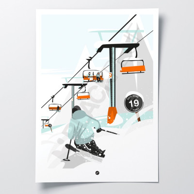 Affiche 30x40 ski sous telesiege. Illustration montagne vintage et dessin orange par Blackpeuf.