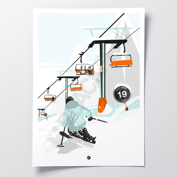 Affiche 30x40 ski sous telesiege. Illustration montagne vintage et dessin orange par Blackpeuf.