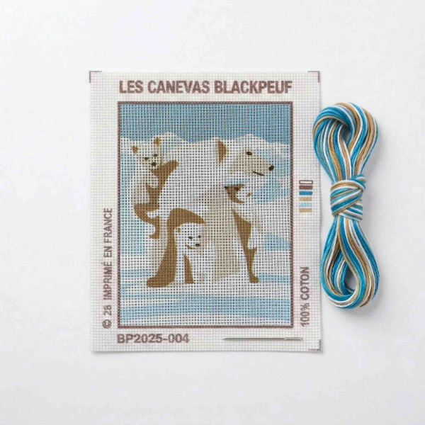 Kit canevas à broder montagne Blackpeuf – maman ours polaire avec ses bébés aux tons bleu et blanc