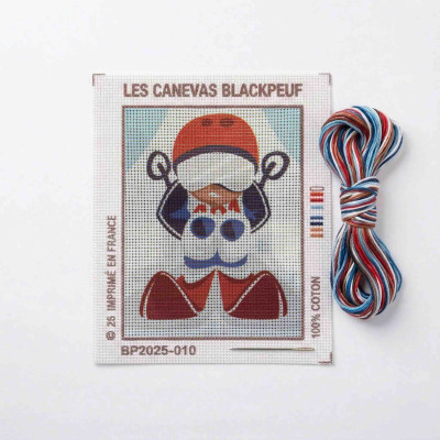 Kit canevas à broder montagne Blackpeuf – bonhomme à ski descendant une piste tout schuss aux tons rouge et blanc.