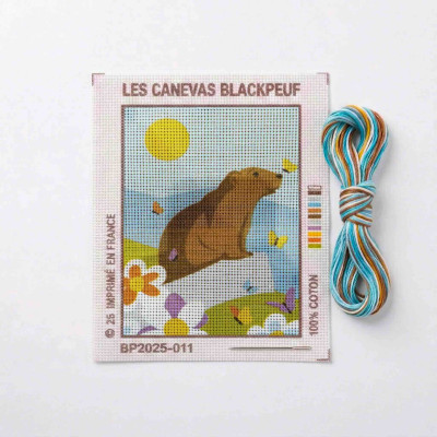 Blackpeuf mountain embroidery kit – encounter with a marmot in a field of flowers and butterflies in light colours