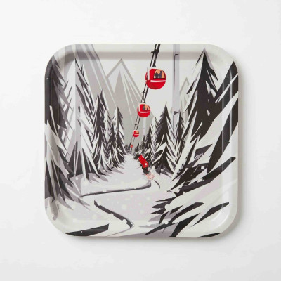 Vassoio da cucina in legno Blackpeuf con illustrazione colorata di una discesa sciistica sotto le cabine.