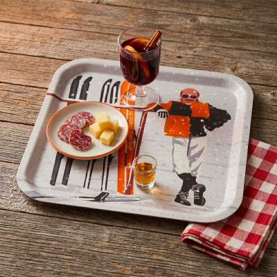 Blackpeuf wooden kitchen tray with colourful illustration by JC Dusse from Les Bronzés font du ski.