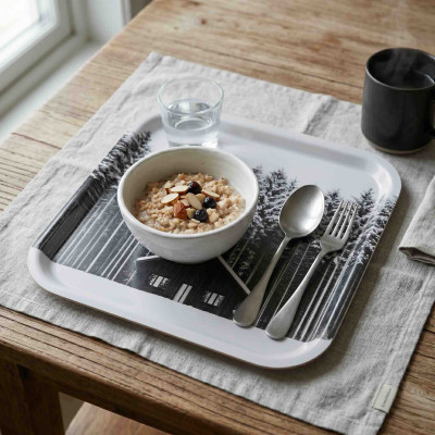 Diapow wooden kitchen tray depicting a chalet in front of a forest of snow-covered fir trees in black and white.