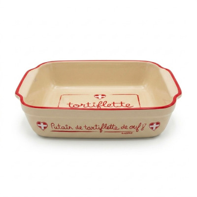 Red ceramic Savoyard tartiflette dish decorated in France