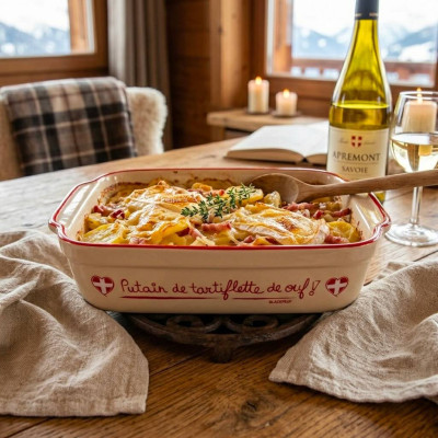 Rote savoyische Tartiflette-Form aus Keramik, dekoriert in Frankreich