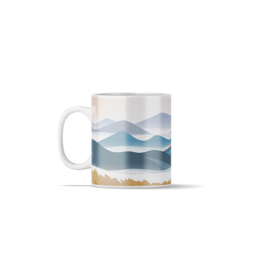 Coffee mug with an illustration depicting a family of 4 people during a mountain hike.